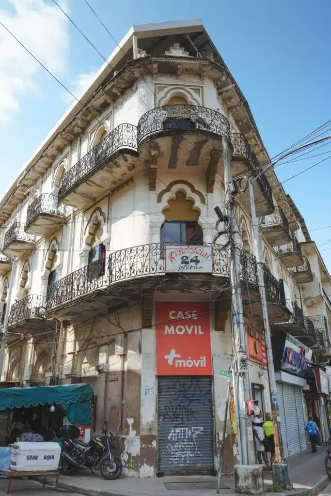 Old building with characteristics of moorish architecture that still exists in Santa Ana neighborhood in Panama City