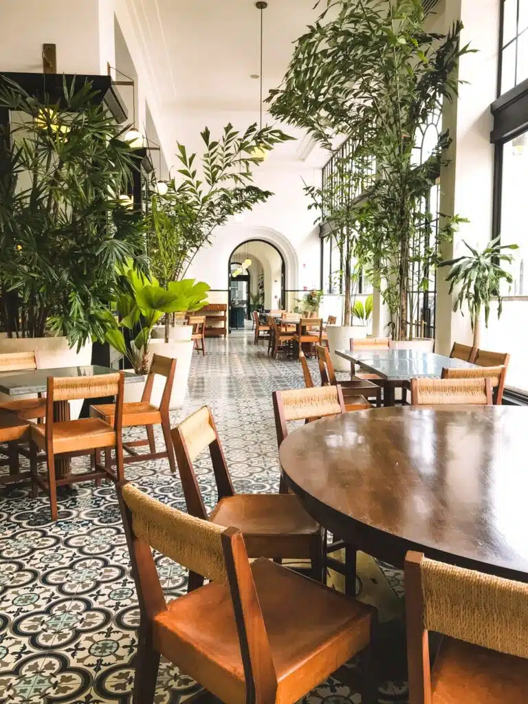 Brightly lit hotel lobby in Casco Viejo Panama
