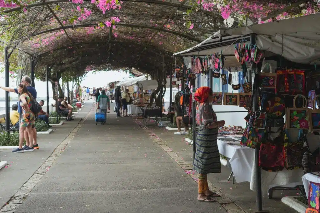 View of Paseo de Bovedas, a walkway under bougainvillea bushes, where indigenous artisans from Guna Yala are gathered to sell their crafts and tourists overlook the city skyline