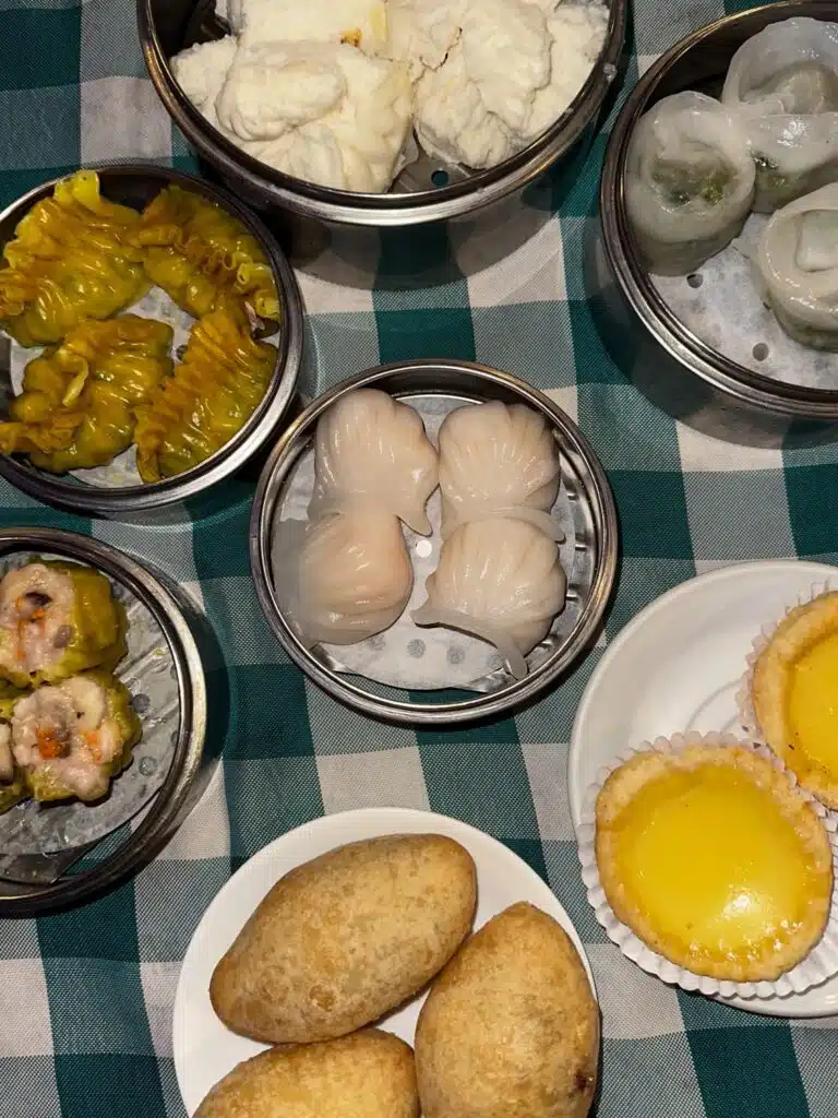 Platters and baskets of a variety of different types of dim dum