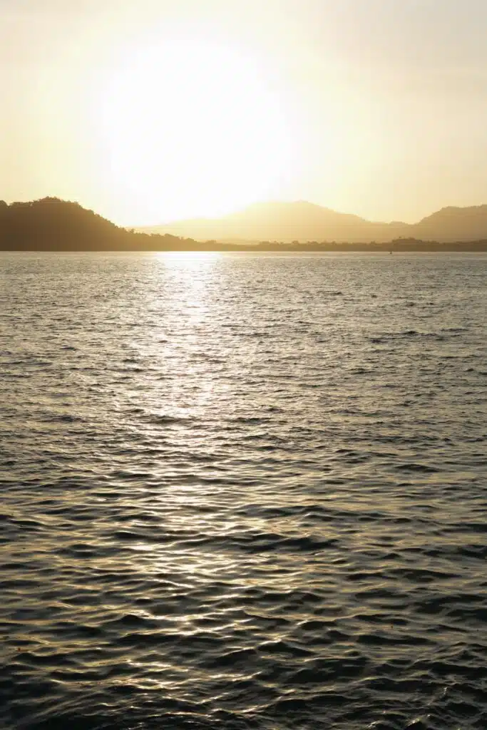 View of sunset over Panama Canal entrance as seen from Amador Causeway