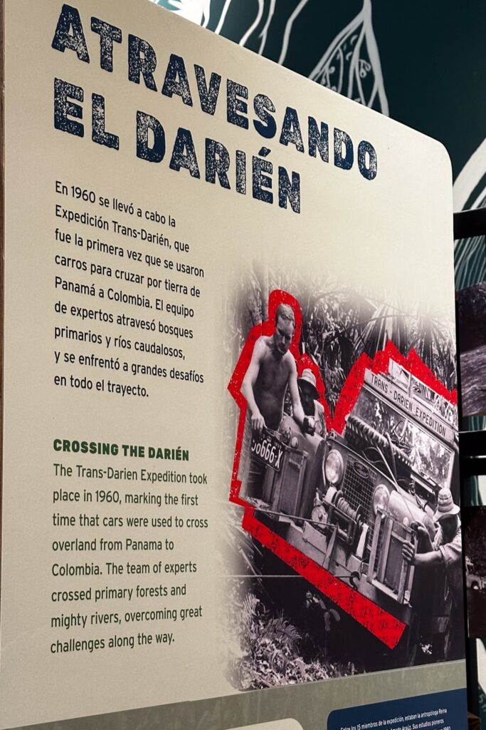 Information plaque about the crossing of the Darien jungle on display at Bio Museo Panama City
