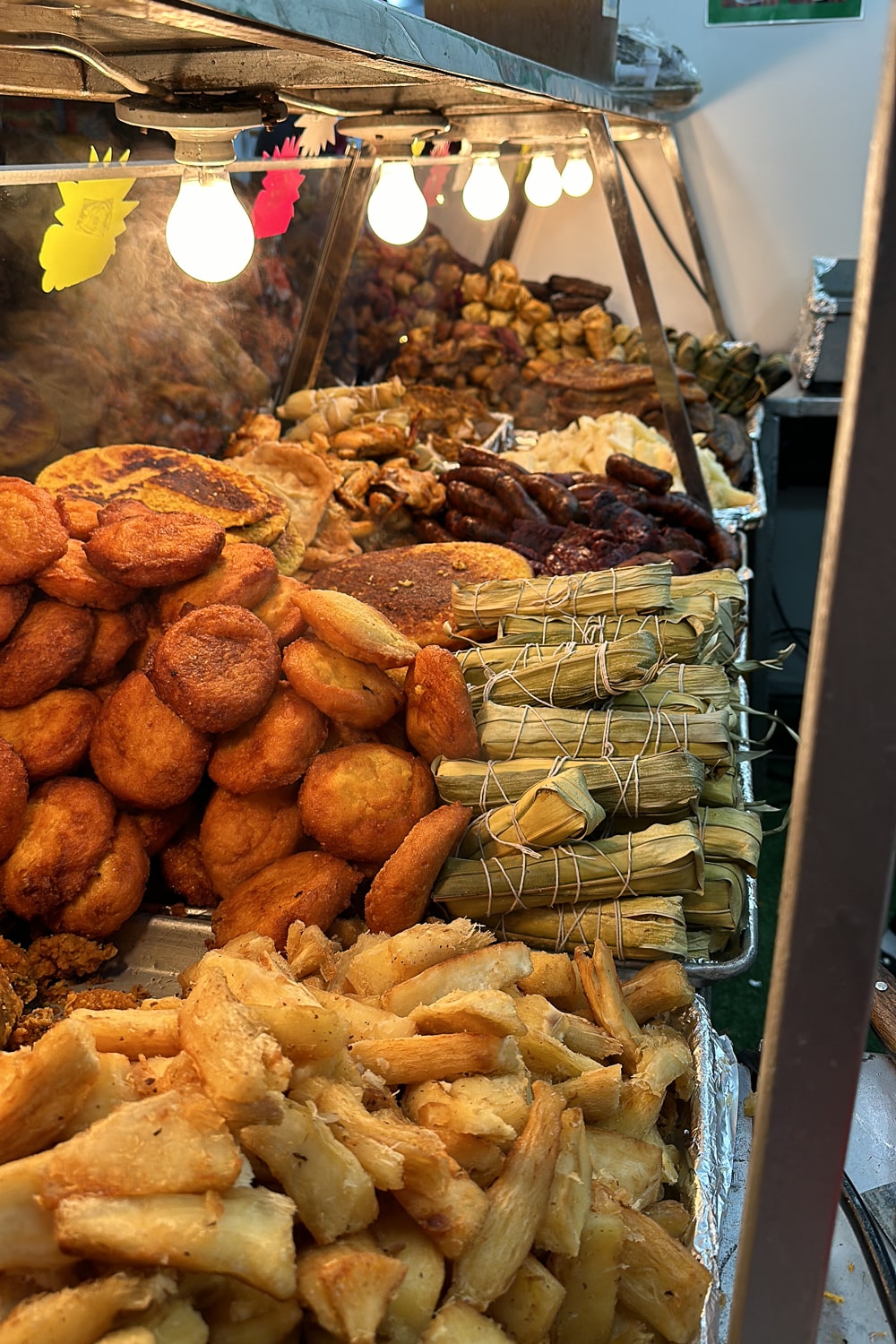 Fried food on display at a fonda style eatery in Panama City