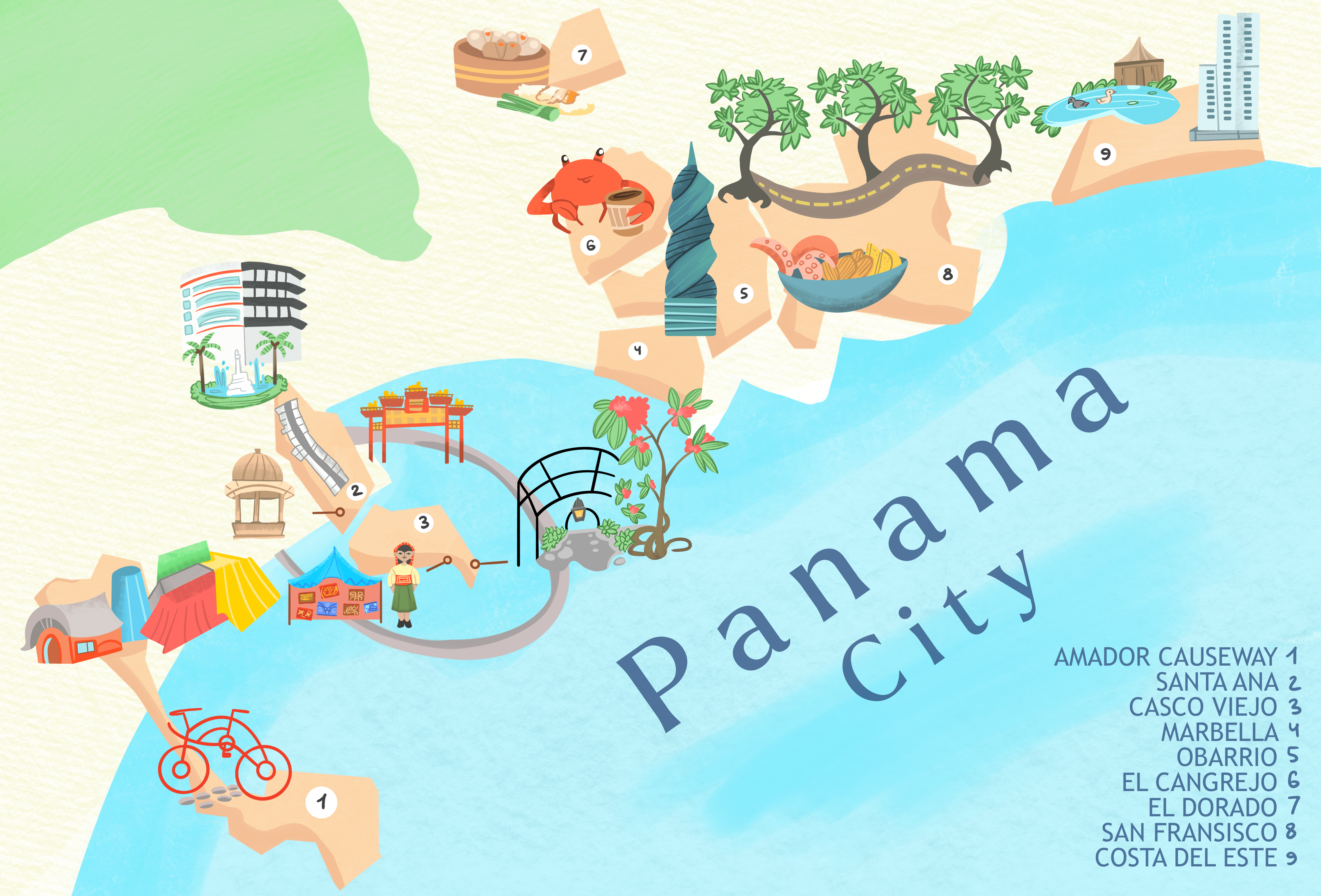 Illustrated map of neighborhoods in Panama City and icons of what makes each special