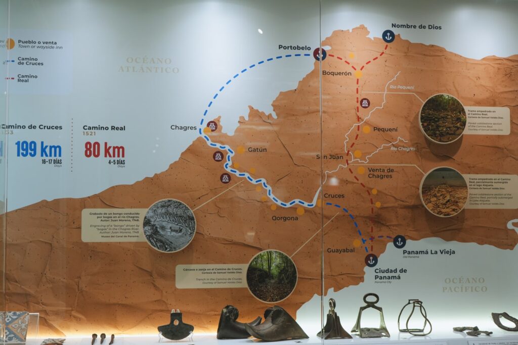 Map of Panama with traced trading routes of the Spanish inside Museum of the Panama Canal in Panama City