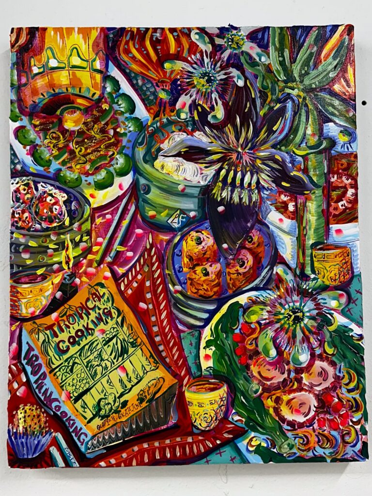 Neon colored painting of traditional Panamanian dishes and ingredients on display inside an art gallery in Panama City