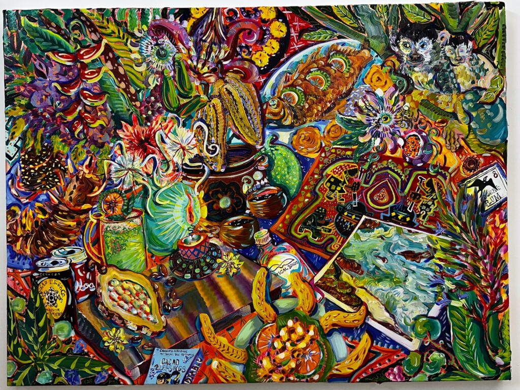 Neon colored painting of Panamanian traditional items and food inside an art museum in Panama City