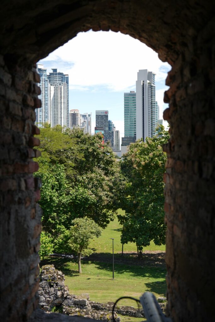 View of Costa del Este skyscrapers from a window of the Panama Viejo Tower in museum