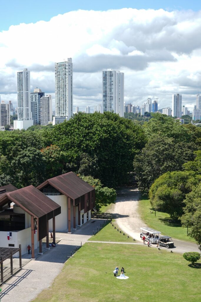 View of Panama Viejo Museum in Panama City from Old City Tower and skyscraper in the background