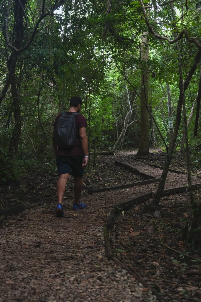 Man walking on a gravel trail in Metropolitan Park in Panama City