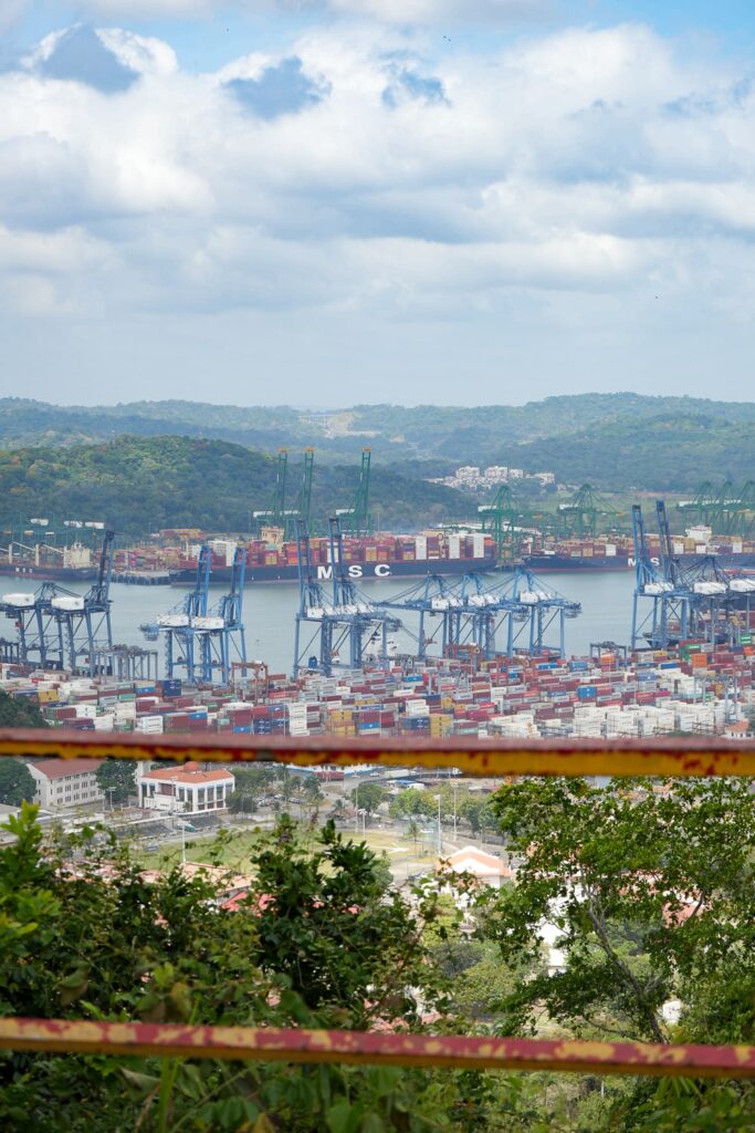 View of the panama canal and port from Ancon Hill in Panama City