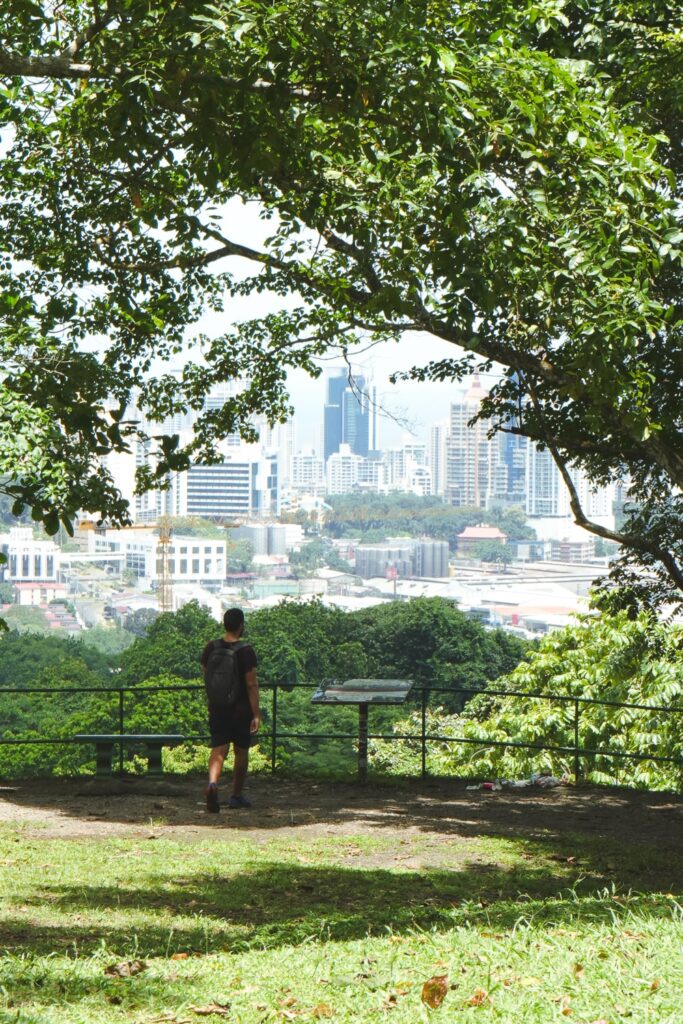 Man walking to the look out point to see Panama City skyline at Metropolitan Park in Panama City