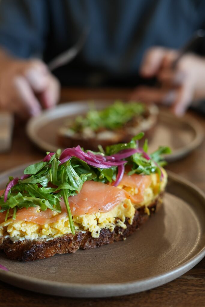 Salmon and egg sourdough toast in an austrian cafe in panama city